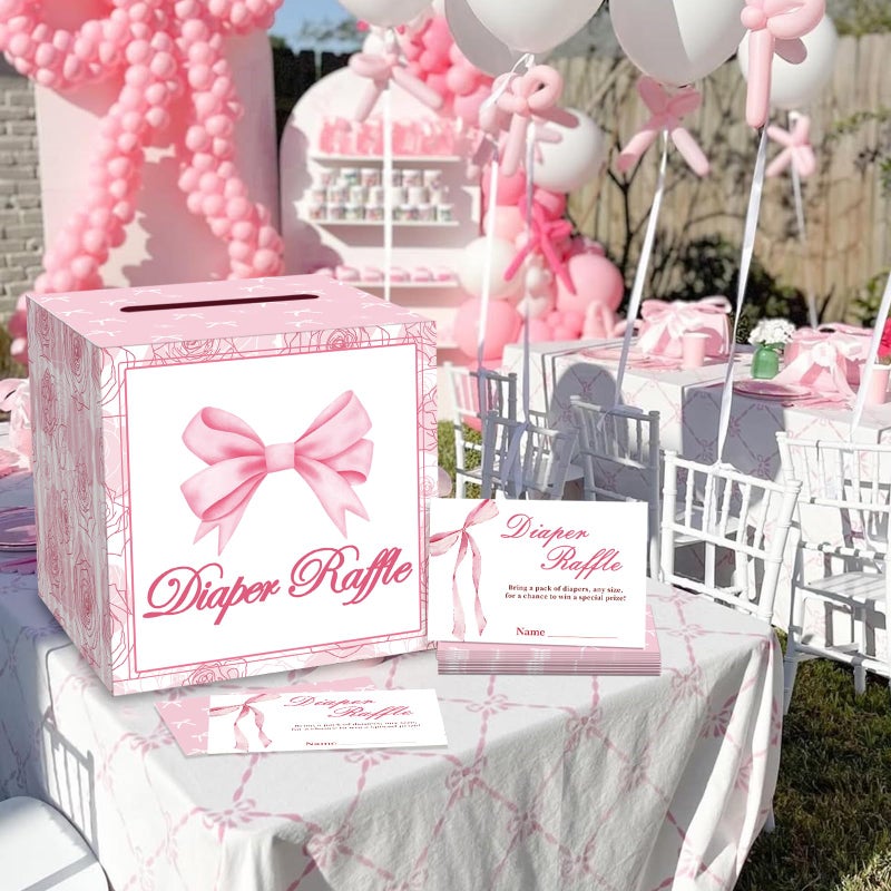 Mecholey 51Pcs Diaper Raffle Box and Diaper Raffle Tickets, Pink Bow Baby Shower Decorations for Girlï¼ŒHilarious Baby Shower Games for Girl - Image 4