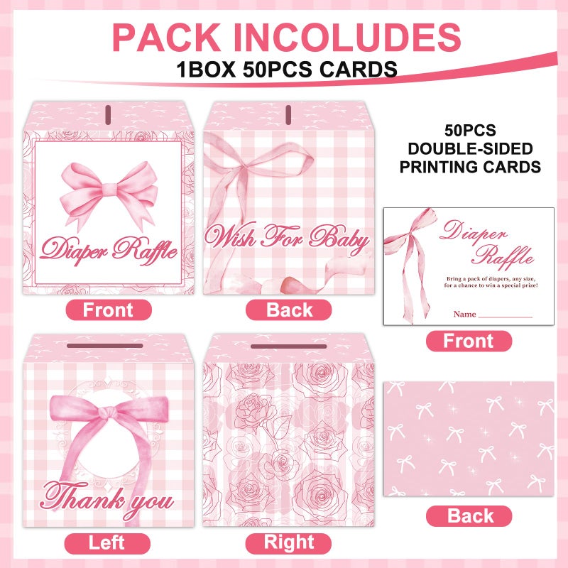 Mecholey 51Pcs Diaper Raffle Box and Diaper Raffle Tickets, Pink Bow Baby Shower Decorations for Girlï¼ŒHilarious Baby Shower Games for Girl - Image 3