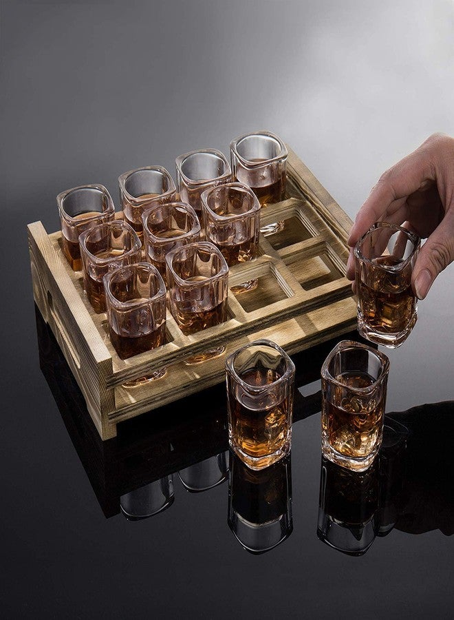 VILON Premium Heavy Base Shot Glass Set 12 | Crystal Square Shot Glasses for Party Bar, Vodka & Tequila | 60 ML | Transparent(Brown Tray not Include) - Image 1