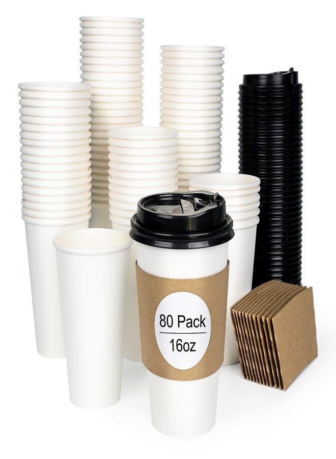 ESSENTIAL 80pcs 16oz Disposable Paper Coffee Cups with Lids, Sleeves and Labels, White Leak-Proof Coffee Cups for Hot or Cold Beverage, Suitable for Shops, Coffee Bar, Home and Office - Image 1