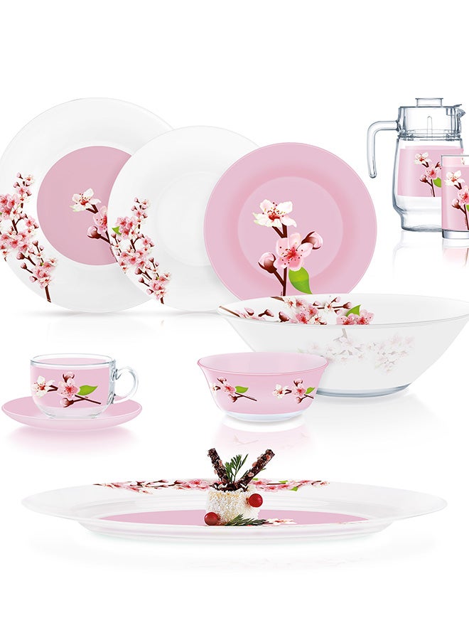 Luminarc Ambi Rose Garden 46 Piece Dinner Set includes 6 x 26cm Dinner Plates, 6 x 20cm Soup Plates, 6 x 20.5cm Dessert Plates, 6 x 12cm Bowls, 1x 27cm Salad Bowl, 1 x 33cm Oval Platter,   6x 22cl Cup, 6 x 14cm Saucer, 6 x 27cl Tumbler, 1.6L Jug with Lid, Tempered High Qualtiy Glass, Chip resistant, Microwave Safe
