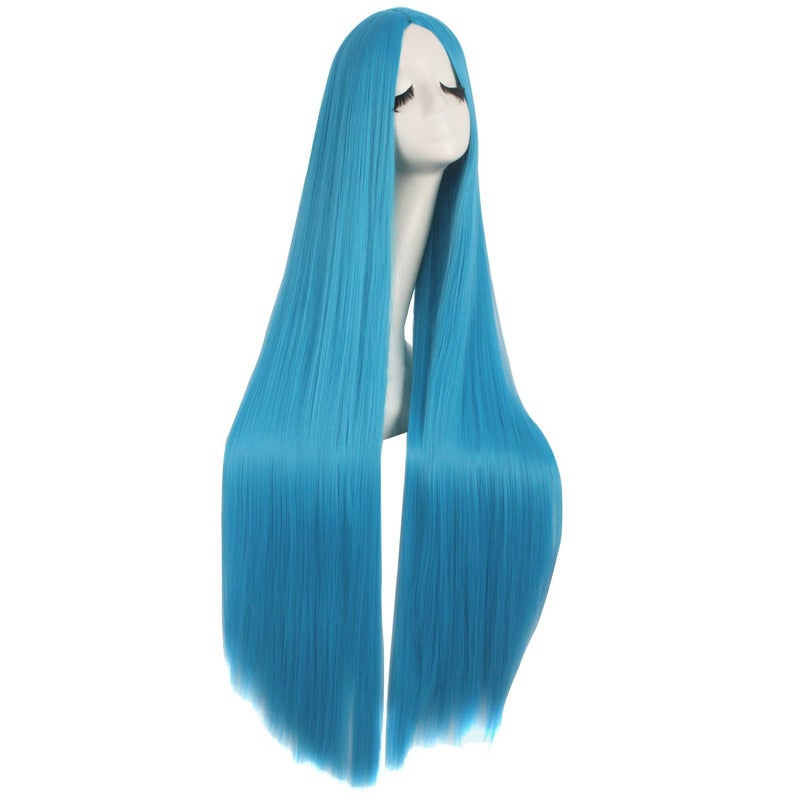 MapofBeauty MapofBeauty 40 Inch/ 100 cm Carve Long Straight Cosplay Wig Anime Costume Party Wig (Cyan Blue)  - Image 2