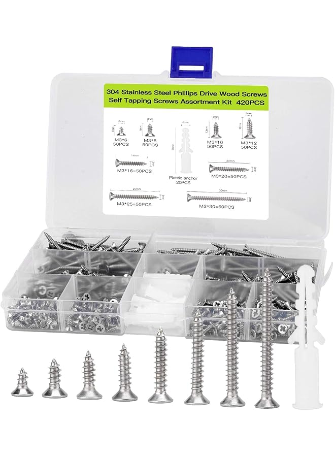 مجموعة مسامير خشبية برأس مسطح M3، 400 قطعة، مسامير ذات رأس غاطس ذاتية الثقب، من الفولاذ المقاوم للصدأ 304، تحتوي على 20 قطعة من مثبتات M6 لتعليق الجدران المجوفة أو الستائر. - Image 1