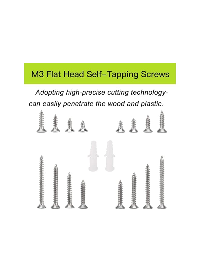 مجموعة مسامير خشبية برأس مسطح M3، 400 قطعة، مسامير ذات رأس غاطس ذاتية الثقب، من الفولاذ المقاوم للصدأ 304، تحتوي على 20 قطعة من مثبتات M6 لتعليق الجدران المجوفة أو الستائر. - Image 5