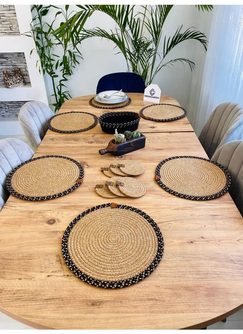 BDZ Deri BDZ Leather Jute Wicker American Service Plate Coaster and Basket 13 Pieces