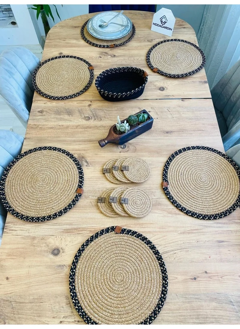 BDZ Deri BDZ Leather Jute Wicker American Service Plate Coaster and Basket 13 Pieces