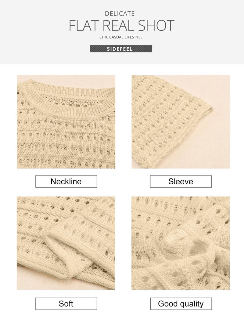 Sidefeel Womens Long Sleeve Crochet Knit Sweater Hollow Out Tops Beach Vacation Cruise Outfit Beige Large - Image 5