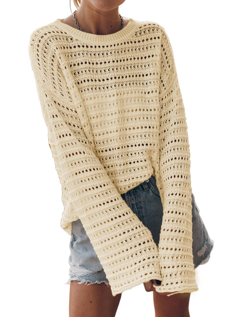 Sidefeel Womens Long Sleeve Crochet Knit Sweater Hollow Out Tops Beach Vacation Cruise Outfit Beige Large - Image 1