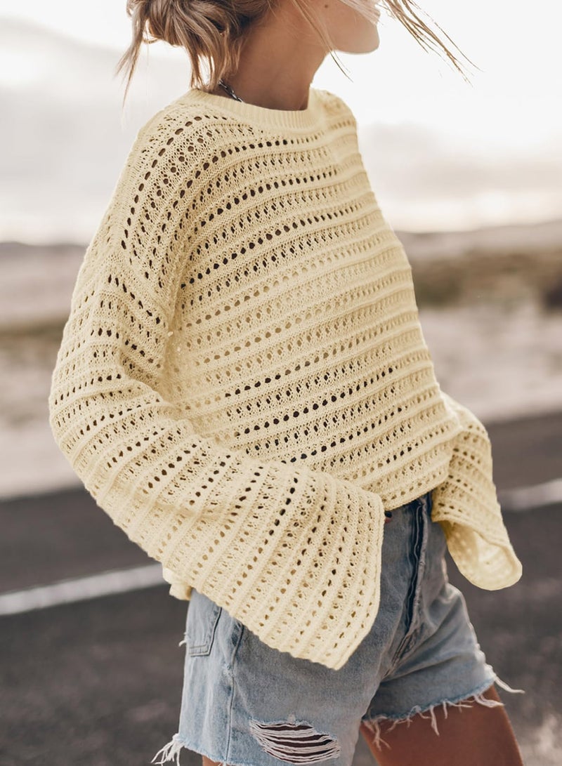 Sidefeel Womens Long Sleeve Crochet Knit Sweater Hollow Out Tops Beach Vacation Cruise Outfit Beige Large - Image 2
