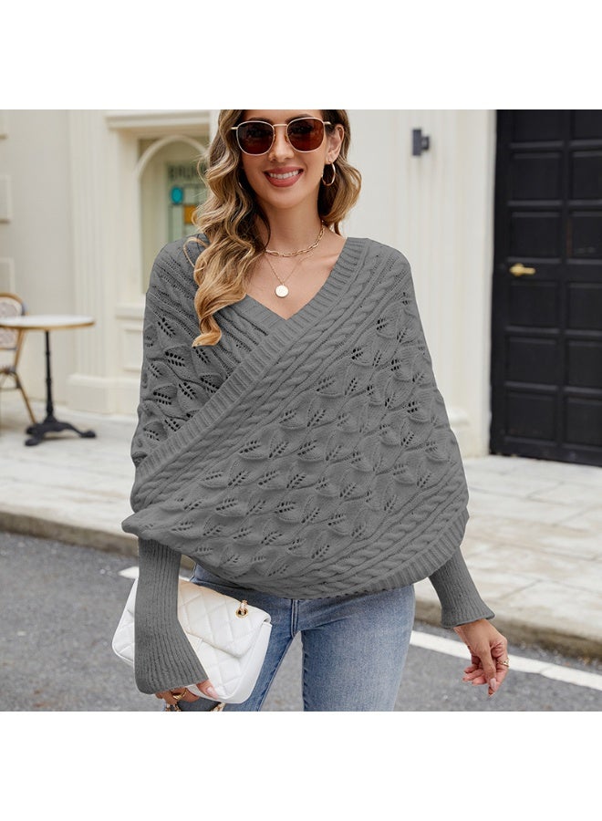 NIBEMINENT Autumn Spring Winter  Casual Knitted Sweaters Shawl Over Bat Sleeve Hollow Knitted Hoodie Long Sleeve Sweater Jumpers - Image 1