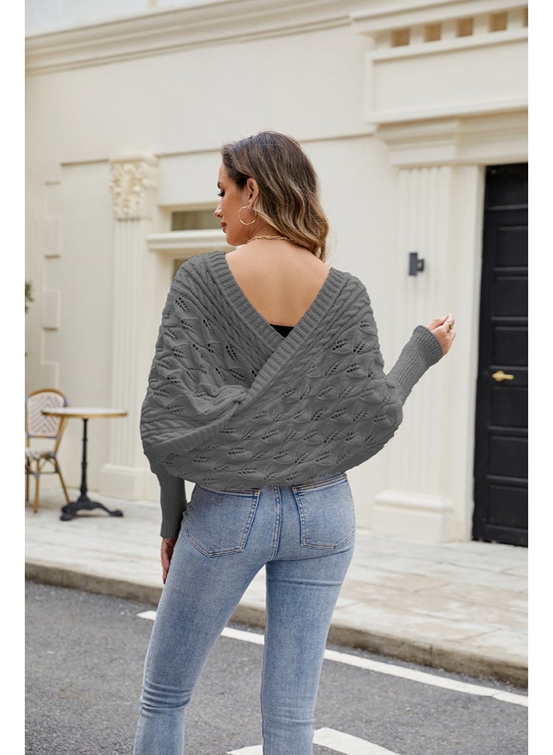 NIBEMINENT Autumn Spring Winter  Casual Knitted Sweaters Shawl Over Bat Sleeve Hollow Knitted Hoodie Long Sleeve Sweater Jumpers - Image 2