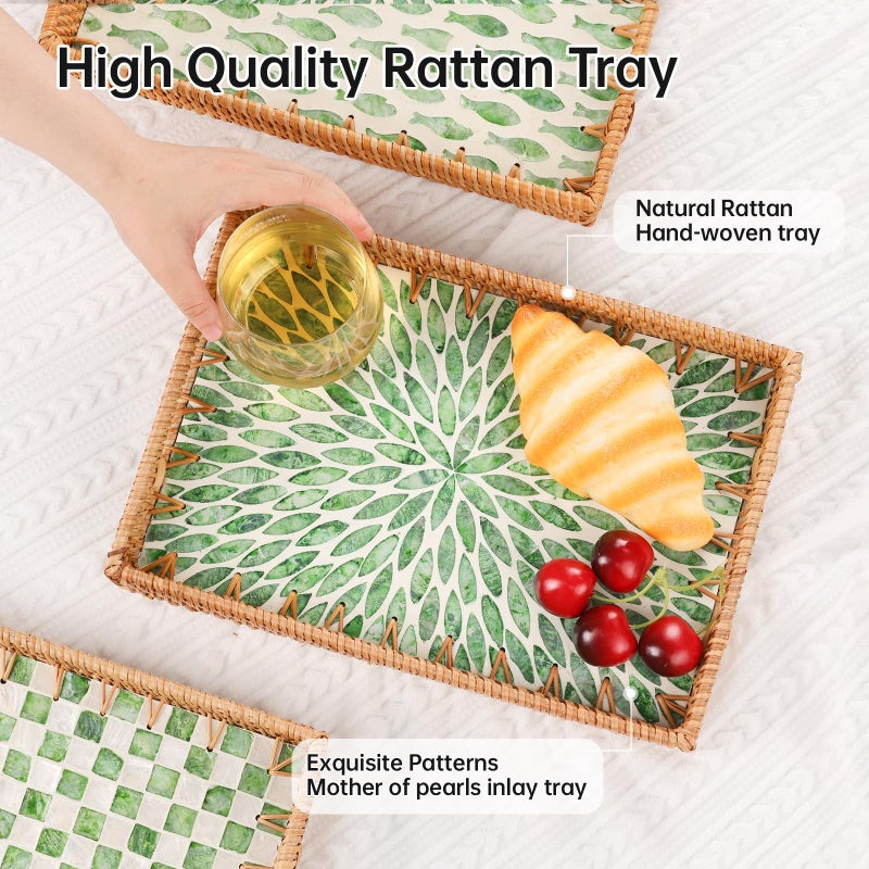 Tynulox Rectangle Rattan Tray with Mother of Pearl Inlay, Rattan Serving Tray with Handle for Coffee, Bread, Fruits, Snacks, Decorative Wicker Tray for Table Decor (Rectangle Green Leaf, 13"Ã—9") - Image 4