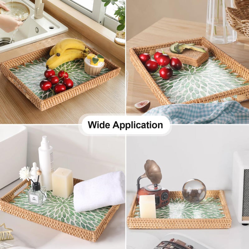 Tynulox Rectangle Rattan Tray with Mother of Pearl Inlay, Rattan Serving Tray with Handle for Coffee, Bread, Fruits, Snacks, Decorative Wicker Tray for Table Decor (Rectangle Green Leaf, 13"Ã—9") - Image 2