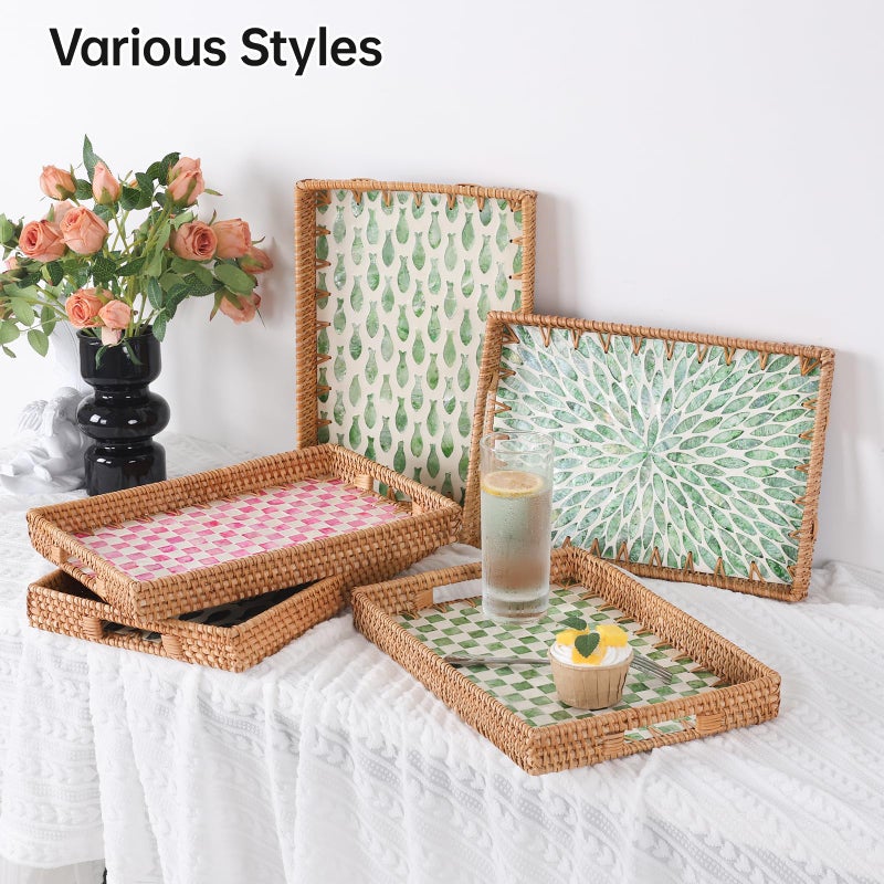 Tynulox Rectangle Rattan Tray with Mother of Pearl Inlay, Rattan Serving Tray with Handle for Coffee, Bread, Fruits, Snacks, Decorative Wicker Tray for Table Decor (Rectangle Green Leaf, 13"Ã—9") - Image 3