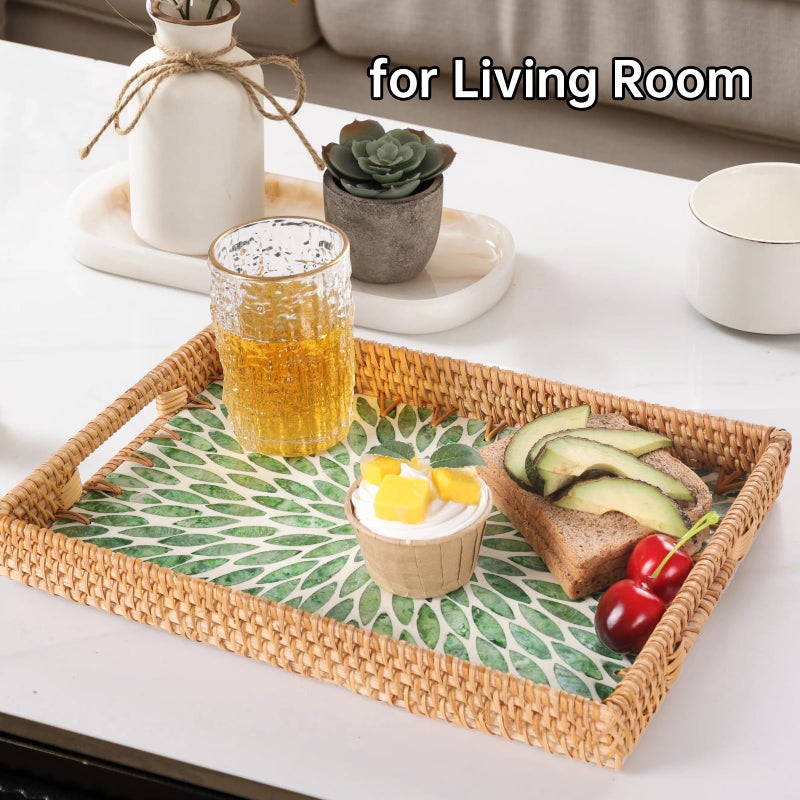 Tynulox Rectangle Rattan Tray with Mother of Pearl Inlay, Rattan Serving Tray with Handle for Coffee, Bread, Fruits, Snacks, Decorative Wicker Tray for Table Decor (Rectangle Green Leaf, 13"Ã—9") - Image 5