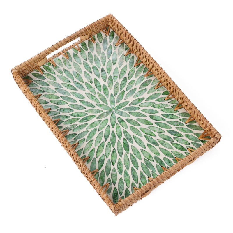 Tynulox Rectangle Rattan Tray with Mother of Pearl Inlay, Rattan Serving Tray with Handle for Coffee, Bread, Fruits, Snacks, Decorative Wicker Tray for Table Decor (Rectangle Green Leaf, 13"Ã—9") - Image 1