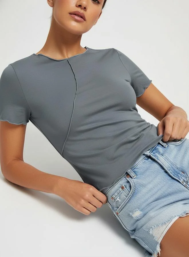 Take Two Grey Knitted Slim Fit Round Neck T-Shirt with Lettuce Edge