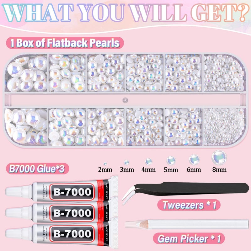 TINKRSTUFF لؤلؤ ذو ظهر مسطح للحرف اليدوية مع 3 قطع 10 مل غراء مجوهرات B7000، صندوق واحد من اللؤلؤ نصف الدائري الأبيض AB، خرز التزيين للحرف اليدوية DIY والملابس والأكواب والأحذية والزينة وفن الأظافر - Image 2