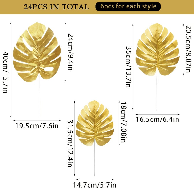 CCINEE Trendy budget practical design 24PCS Golden Artificial Palm Leaves, 3 Sizes Faux Monstera Leaves Simulation Safari Leaves with Stems for Home Hawaiian Luau Party Jungle Beach Theme Party Decoration All-scene compatible build - Image 2