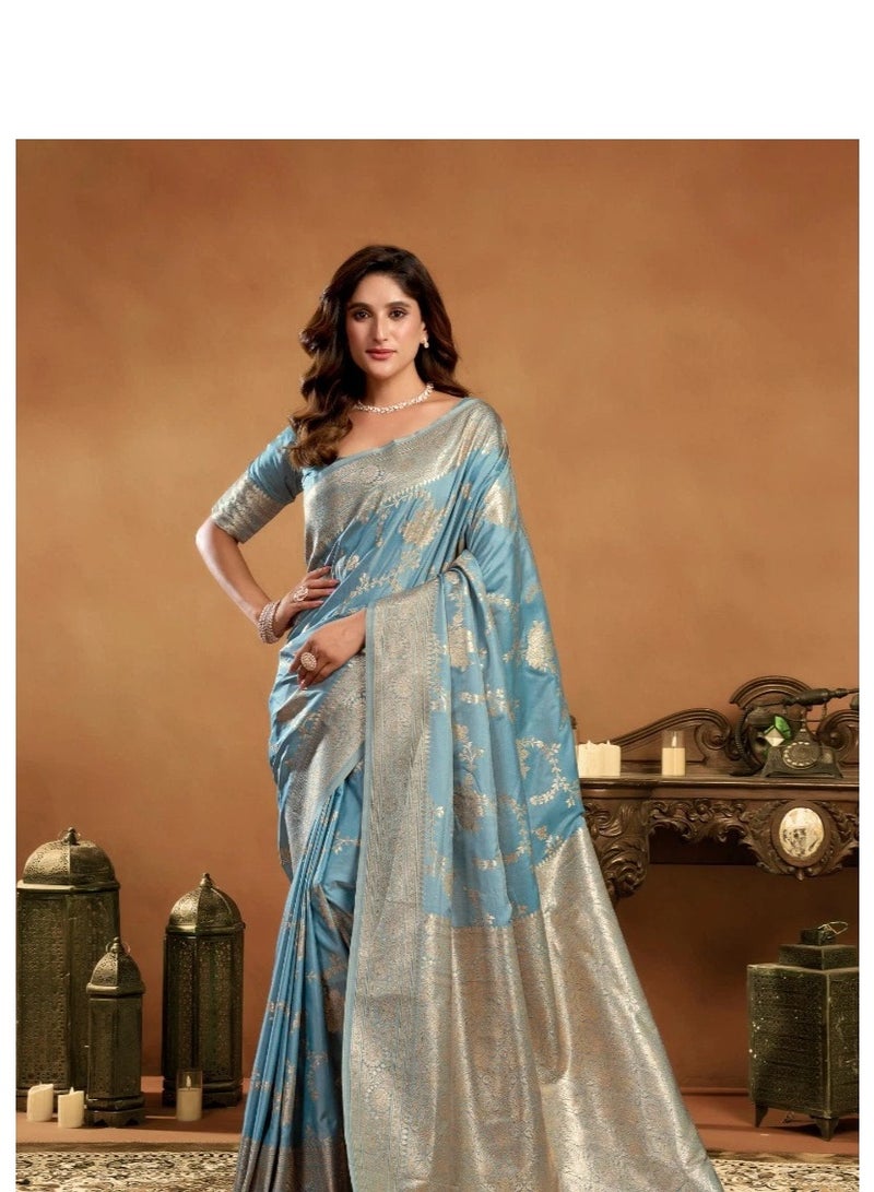 Women's Silk Saree with Rich Pallu, Zhallar & Blouse Piece - Perfect for Weddings, Festivals & Parties, Swarnika, Fall and Pico Stitched, Premium Silk Saree. (Blue) - Image 1