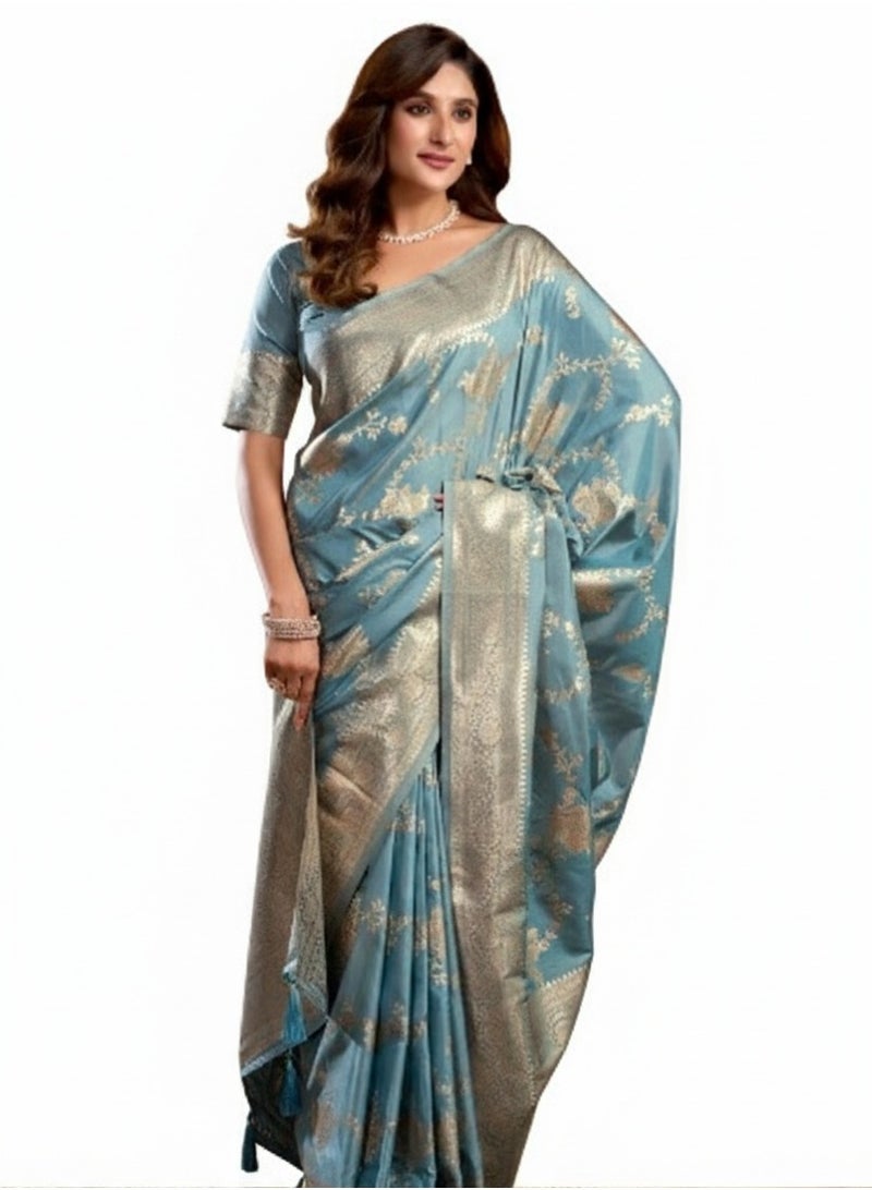 Women's Silk Saree with Rich Pallu, Zhallar & Blouse Piece - Perfect for Weddings, Festivals & Parties, Swarnika, Fall and Pico Stitched, Premium Silk Saree. (Blue) - Image 5