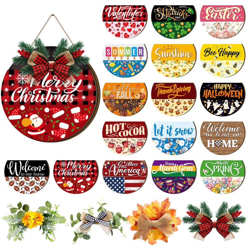 Vicenpal 22 Pcs Interchangeable Welcome Sign for Front Door with 17 Magnetic Icon Wooden Seasonal Front Porch Door Decor with 4 Seasonal Wreath for Holiday Halloween Christmas Gift(Black,Stylish) - Image 1