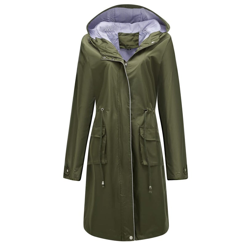 Homgro Womens Hooded Rain Jacket Long Waterproof Raincoat Ladies Fashion Casual Full Zip Anorak Spring Fall Jackets Knee Length Midi Windbreaker Pockets Army Green Small