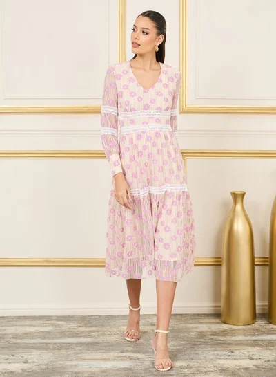 Styli Styli Floral Print Lace Detail Mesh Insert Tiered Midi Dress