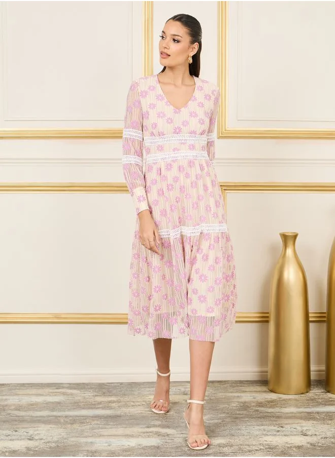 ستايلي Floral Print Lace Detail Mesh Insert Tiered Midi Dress