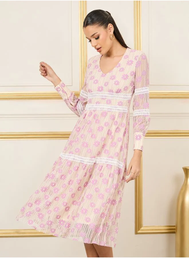 ستايلي Floral Print Lace Detail Mesh Insert Tiered Midi Dress