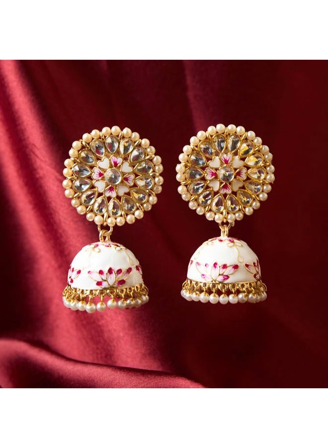 Moonstruck Costume Jewellery Traditional Indian Dome Shaped Lightweight Golden Jhumka/Jhumki Dangle Drop Earrings with Meenakari & Pearls for Women (White & Pink) - Image 4