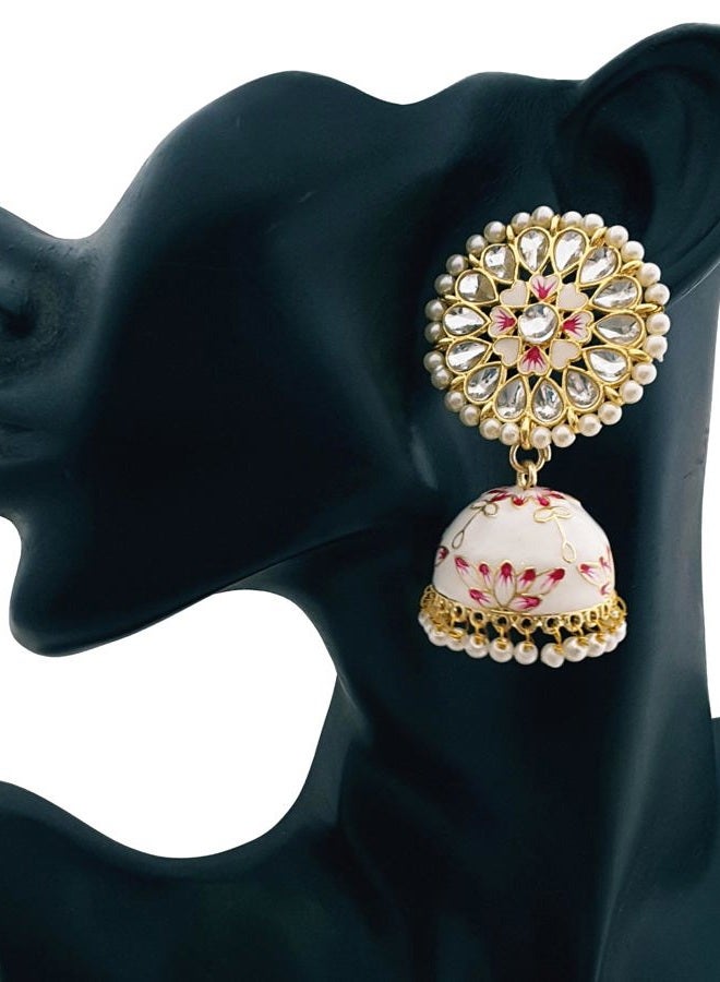 Moonstruck Costume Jewellery Traditional Indian Dome Shaped Lightweight Golden Jhumka/Jhumki Dangle Drop Earrings with Meenakari & Pearls for Women (White & Pink) - Image 2
