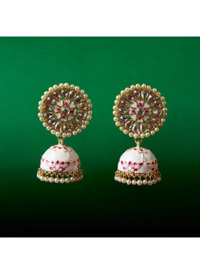 Moonstruck Costume Jewellery Traditional Indian Dome Shaped Lightweight Golden Jhumka/Jhumki Dangle Drop Earrings with Meenakari & Pearls for Women (White & Pink) - Image 3