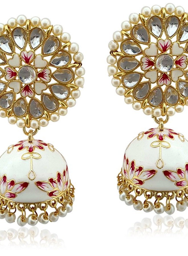 Moonstruck Costume Jewellery Traditional Indian Dome Shaped Lightweight Golden Jhumka/Jhumki Dangle Drop Earrings with Meenakari & Pearls for Women (White & Pink) - Image 1