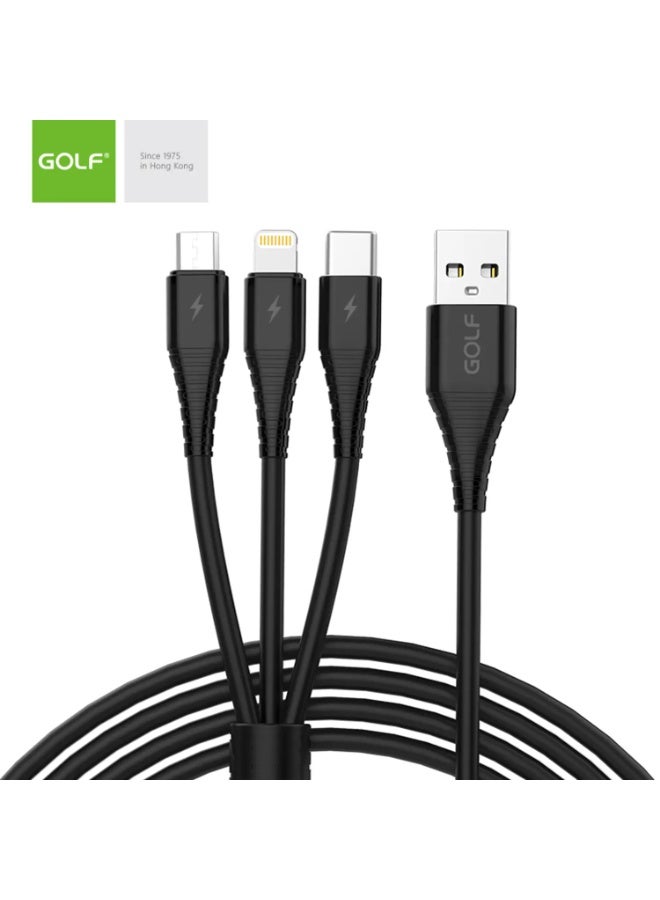 Golf Gc-65 3-in-1 USB Charging Cable with Type-C, Lightning, and Micro-USB Connectors - Black