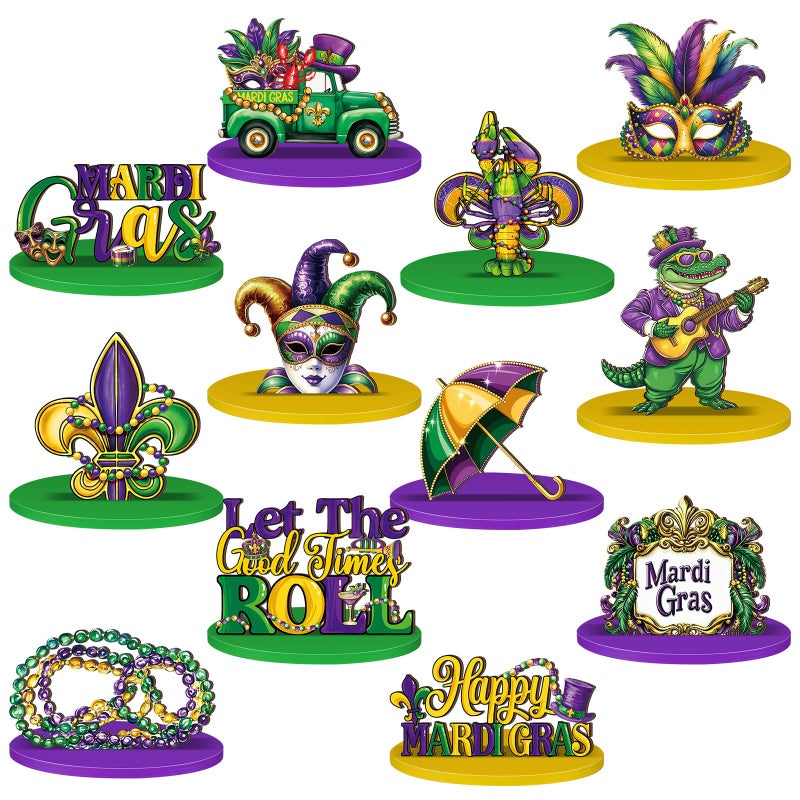 DoubleFill 12 Pcs Mardi Gras Decorations Wooden Mardi Gras Table Centerpiece Sign Masquerade Mask Hats Let The Good Times Roll Block Wood Sign for Tabletop Home Shelf Carnival Party Decor - Image 1