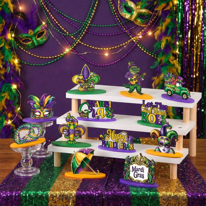 DoubleFill 12 Pcs Mardi Gras Decorations Wooden Mardi Gras Table Centerpiece Sign Masquerade Mask Hats Let The Good Times Roll Block Wood Sign for Tabletop Home Shelf Carnival Party Decor - Image 3