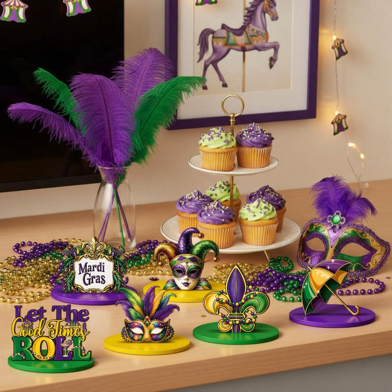 DoubleFill 12 Pcs Mardi Gras Decorations Wooden Mardi Gras Table Centerpiece Sign Masquerade Mask Hats Let The Good Times Roll Block Wood Sign for Tabletop Home Shelf Carnival Party Decor - Image 4