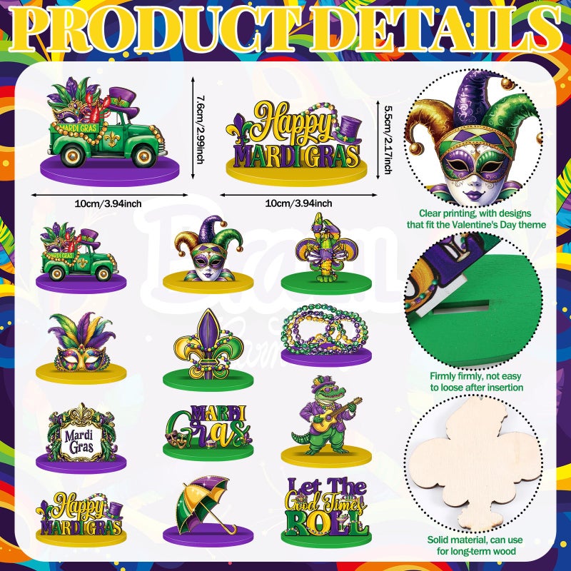 DoubleFill 12 Pcs Mardi Gras Decorations Wooden Mardi Gras Table Centerpiece Sign Masquerade Mask Hats Let The Good Times Roll Block Wood Sign for Tabletop Home Shelf Carnival Party Decor - Image 2