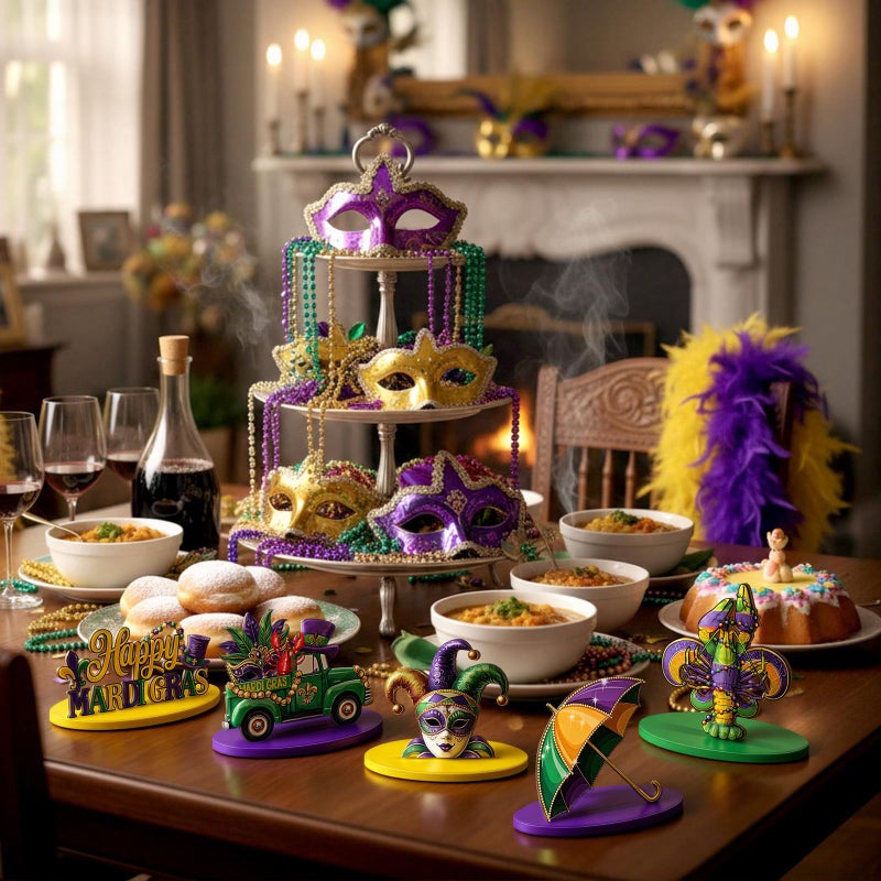 DoubleFill 12 Pcs Mardi Gras Decorations Wooden Mardi Gras Table Centerpiece Sign Masquerade Mask Hats Let The Good Times Roll Block Wood Sign for Tabletop Home Shelf Carnival Party Decor - Image 5