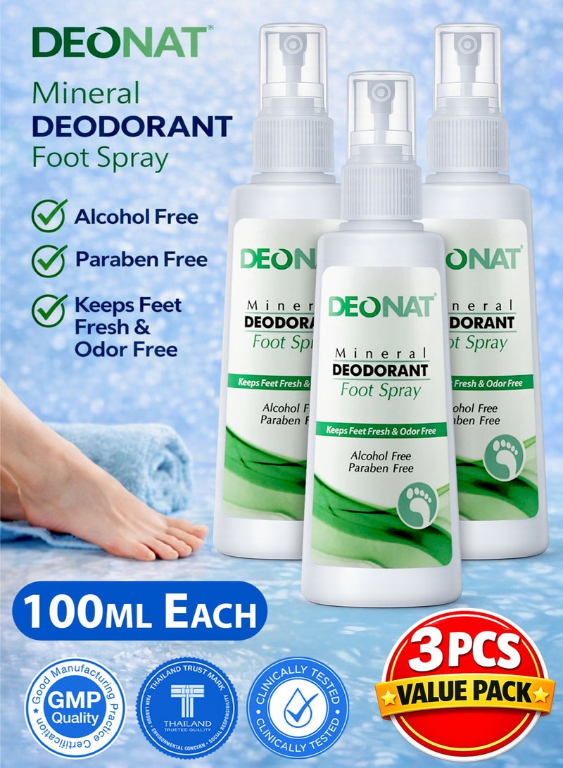 DEONAT Pack of 3 DEONAT Natural Mineral Deodorant Foot Spray 100ml Each Foot Odor Control Spray Eliminates Odor Causing Bacteria Keeps Feet Fresh and Dry All Day Alcohol Free Paraben Free Aluminum Chlorohydrate Free Gentle Foot Care Spray for Men and Women Value Pack Shoe Odor Protection - Image 1