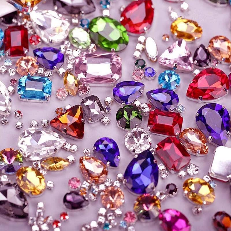 DIY Crafts 20 Pcs, Random Sizes, Sew On Glass Rhinestone Metal Back Prong Setting Sewing Claw Rhinestone Mixed Shapes for Costume, Clothes, Garments, Dress, E (20 Pcs, Random Sizes), Multicolour - Image 1