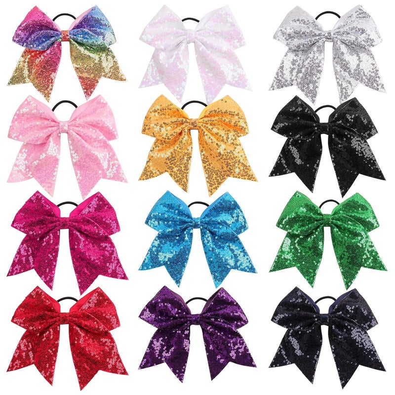 Oaoleer 12PCS 7 Large Glitter Cheer Hair Bows Ponytail Holder Elastic Band Handmade for Cheerleading Teen Girls College Sports Sequin Mixedcolor 12PCS