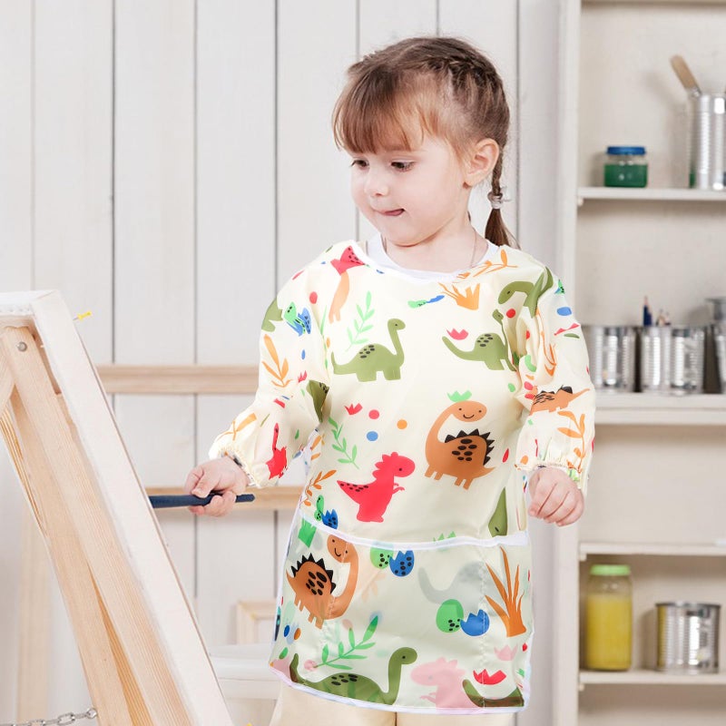 BAHABY Kids Art Smocks Dinosaur Painting Aprons for Children Waterproof Artist Smock with Long Sleeve and 3 Pockets for Age 3-8 Years (Off white) - Image 4
