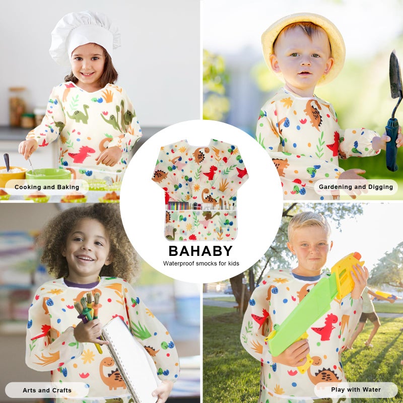 BAHABY Kids Art Smocks Dinosaur Painting Aprons for Children Waterproof Artist Smock with Long Sleeve and 3 Pockets for Age 3-8 Years (Off white) - Image 5