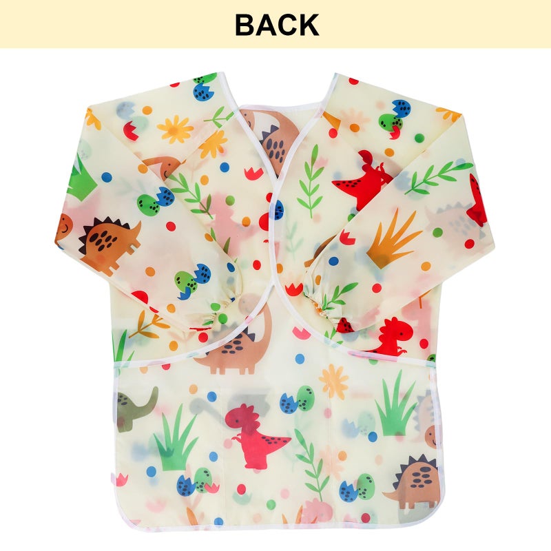 BAHABY Kids Art Smocks Dinosaur Painting Aprons for Children Waterproof Artist Smock with Long Sleeve and 3 Pockets for Age 3-8 Years (Off white) - Image 2