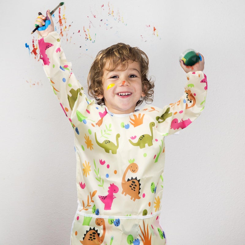 BAHABY Kids Art Smocks Dinosaur Painting Aprons for Children Waterproof Artist Smock with Long Sleeve and 3 Pockets for Age 3-8 Years (Off white) - Image 3