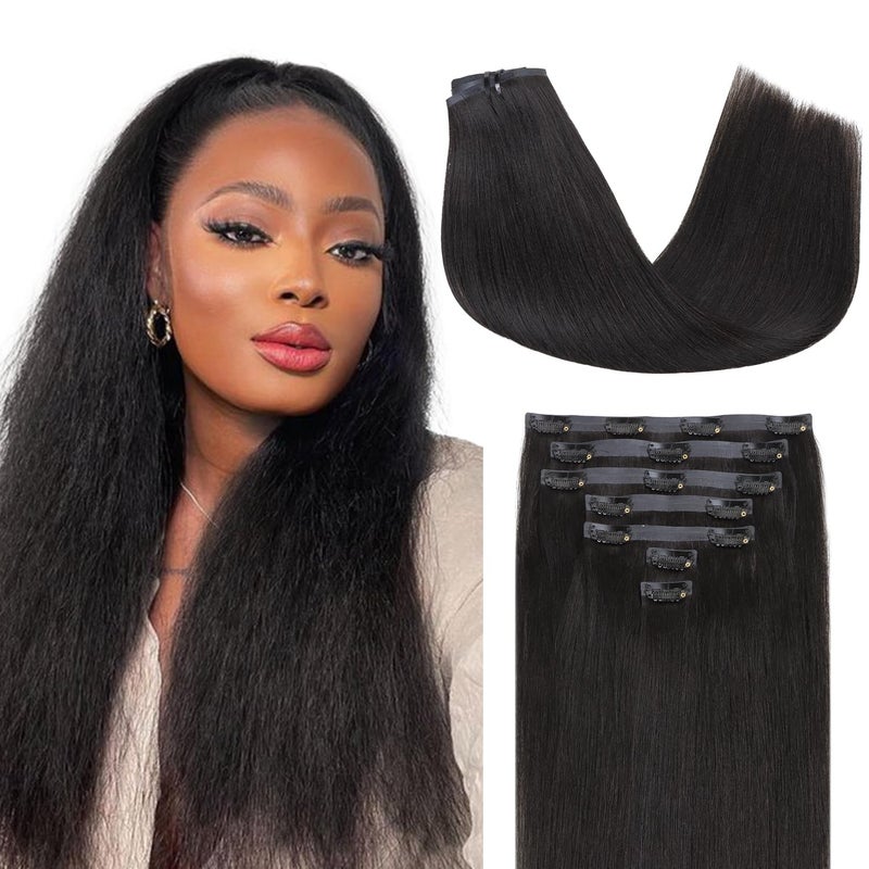 Lashey Seamless Clipin Hair Extensions Human Hair Light Yaki Straight 16 Inch 7pcs 110g Natural Black PU Clipin Hair Extensions