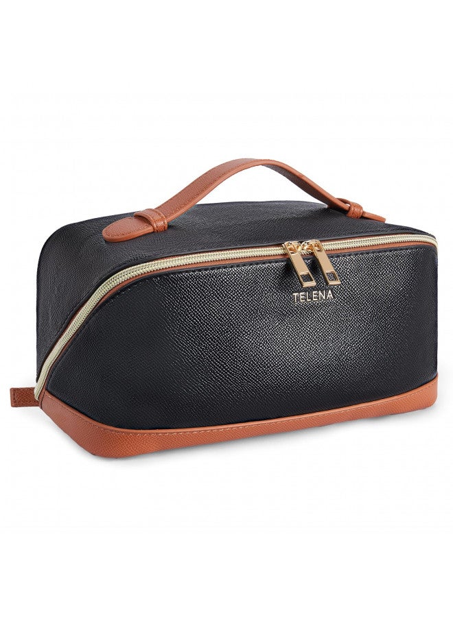 Telena Makeup Bag Large Capacity Travel Cosmetic Bag Portable PU Leather Water Resistant Makeup Organizer Bags for Women with Handle and Divider Open Flat Black with Brown - Image 1