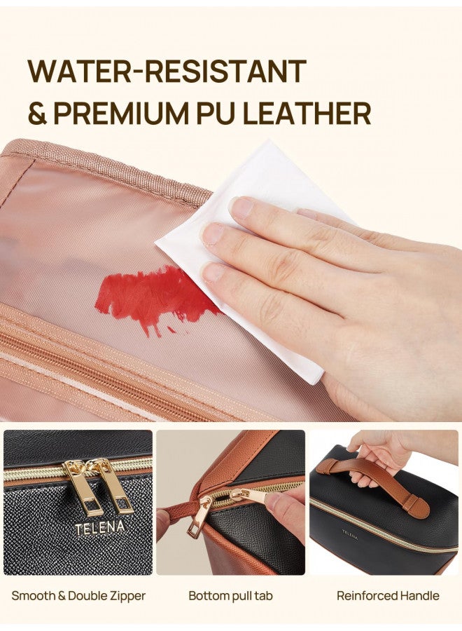 Telena Makeup Bag Large Capacity Travel Cosmetic Bag Portable PU Leather Water Resistant Makeup Organizer Bags for Women with Handle and Divider Open Flat Black with Brown - Image 3